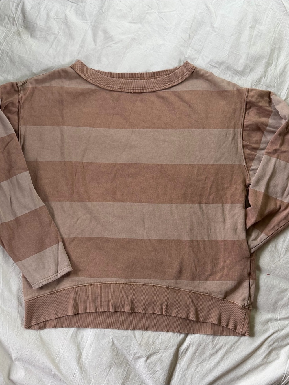 We The Free Distressed Striped Crewneck Sweater in Taupe and Light Taupe
